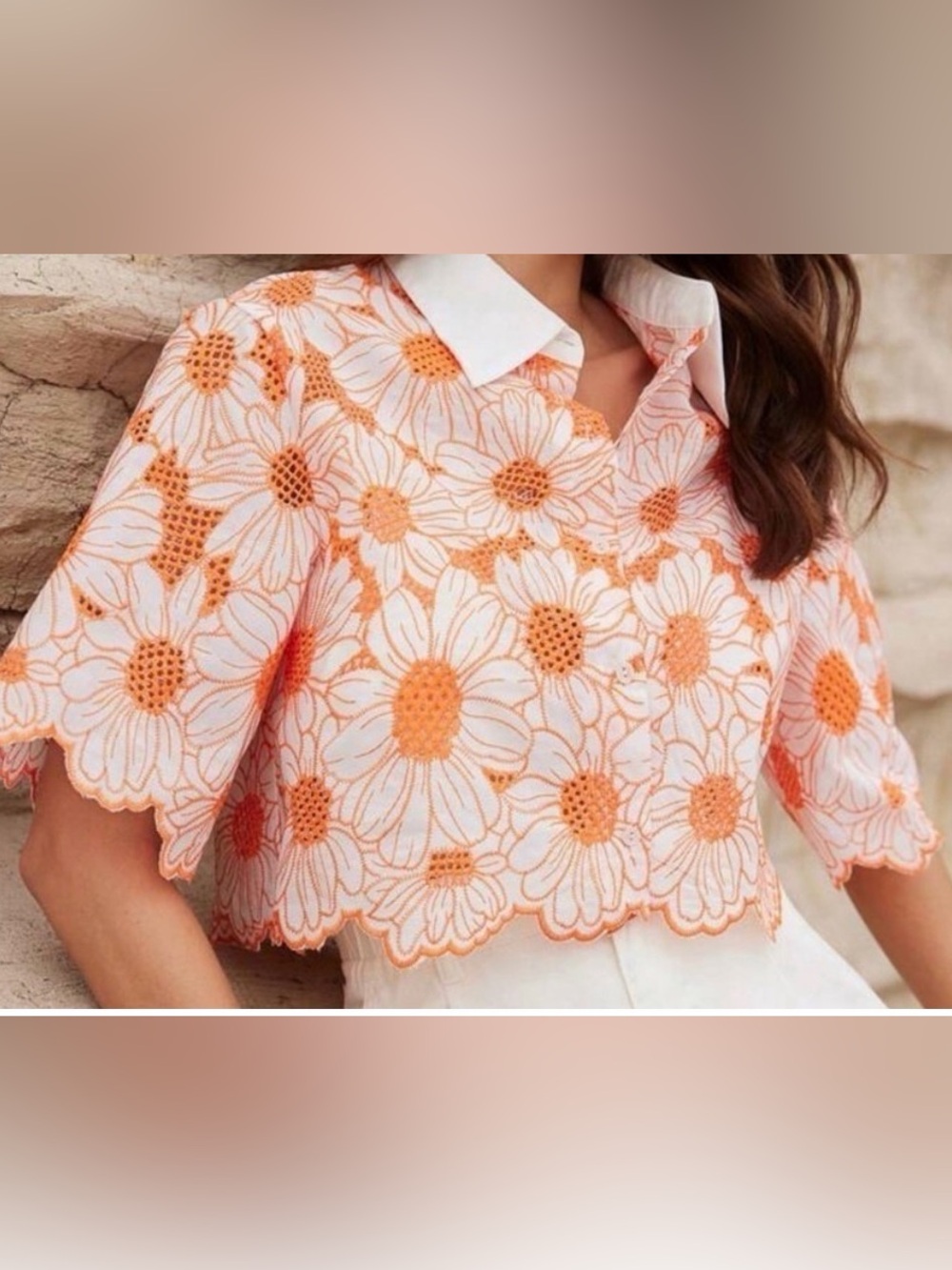 Cropped White Blouse with Orange Daisy Eyelet Embroidery